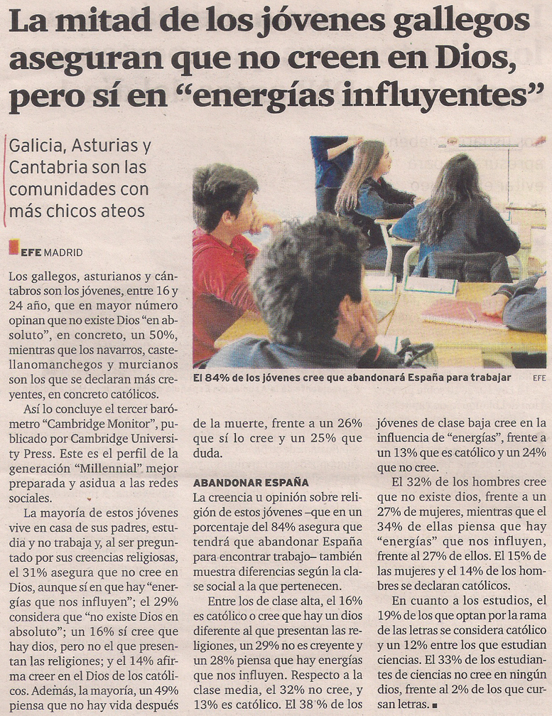 2015-04-26- El Ideal G- Creencia en dios de los jóvenes gallegos