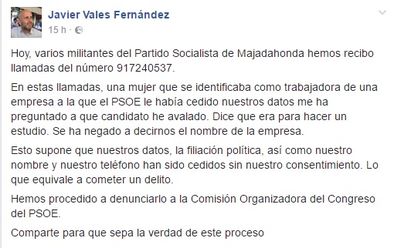 Post en Facebook del secretario general del PSOE en Majadahonda sobre la llamada recibida.