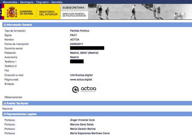 Captura de la web de Interior con los datos de Actúa.